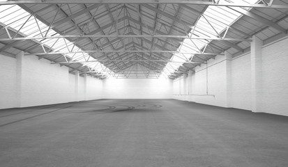 Clean white hangar background. Low angle view. 3D rendering