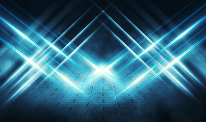 Background of an empty dark street, premises at night, concrete pavement, tile. Neon light, spotlight, smoke, smog