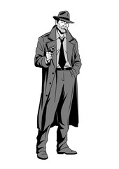 Noir private detective with a gun, cartoon, character, design, color, illustration, vector