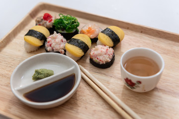Fototapeta na wymiar Sushi Set,Japanese sushi,Sushi on black stone,Japanese sushi on black stone 