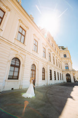 Couple walk near the big palace. Elegant groom and bride in their wedding clothes. Love