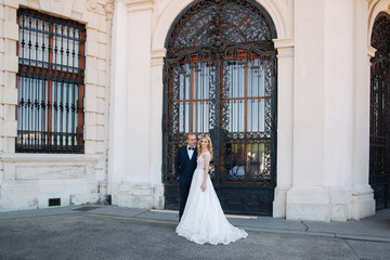 Groom and bride neat the big door of great palace © Aleksandr