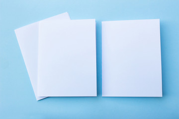 Blank portrait mock-up paper. brochure magazine isolated on blue, changeable background / white...