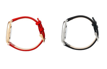 Classic women gold watch black dial, leather strap, isolate on white background