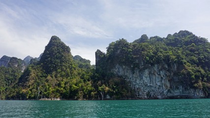 tropical landscape on chiao lan lake in khao sok