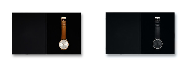 Classic women gold watch black dial, leather strap, isolate on white background