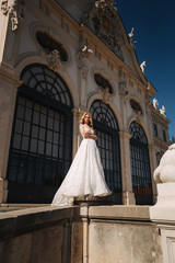 Beautiful bride in luxury wedding dress in front of palace