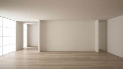 Empty room interior design, open space with white walls, modern style, parquet wooden floor,...