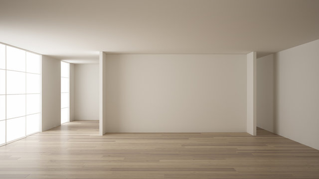 Empty room interior design, open space with white walls, modern style, parquet wooden floor, minimalist contemporary architecture, concept, mock-up, architecture idea