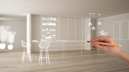 Empty white interior with parquet floor and white walls, hand drawing custom architecture design,...