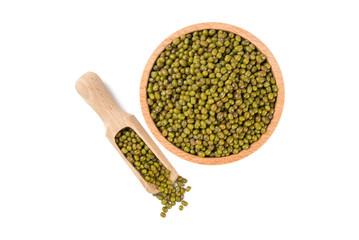 Mung or Mungo bean in wooden bowl and scoop isolated on white background. nutrition. bio. natural food ingredient.