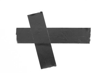 Obraz premium Set of black tapes on white background. Torn horizontal and different size black sticky tape, adhesive pieces.