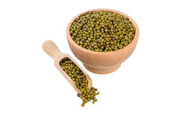 Mung or Mungo bean in wooden bowl and scoop isolated on white background. nutrition. bio. natural food ingredient.
