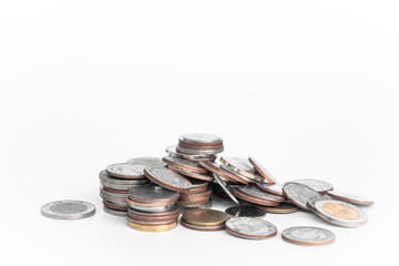 Thai baht money or Money Thai coins staircase sorted on white table. King of Thailand. The concept of financial planning, savings, Business successful