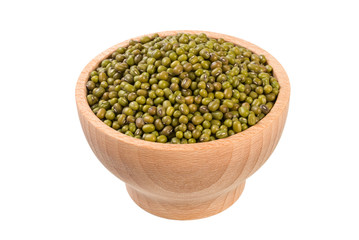 Mung or Mungo bean in wooden bowl isolated on white background. nutrition. food ingredient.