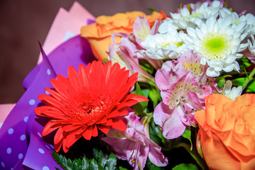 Bouquet of chrysanthemums and gerberas. Bouquet for the holiday. Ready bouquet of flowers.