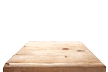 Empty wooden table top on white background.