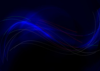 Thin intersecting wavy rainbow stripes cover smooth glowing bluish waves on a dark blue background