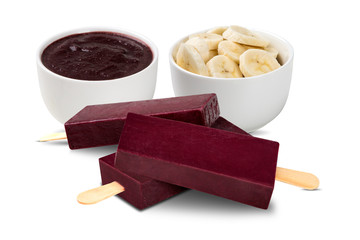 Stick ice cream acai with banana flavor isolated on white background. Mexican Pallets
