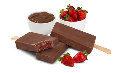 Stick ice cream chocolate with strawberry cream flavor isolated on white background. Mexican Pallets.