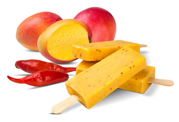 Stick ice cream mango with pepper flavor isolated on white background. Mexican Pallets.
