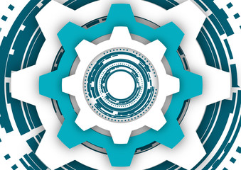 Vector illustration of gear wheels on white background. Abstract techno background: bright rotating gear. Mechanical engineering technology symbol.