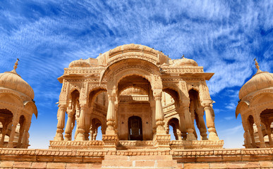 ancient royal cenotaphs and archaeological ruins at Jaisalmer Bada Bagh Rajasthan, India