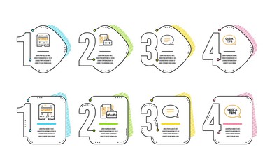Chat, Winner ticket and Vacancy icons simple set. Quickstart guide sign. Speech bubble, Carousels award, Hiring job. Helpful tricks. Business set. Infographic timeline. Line chat icon. Vector