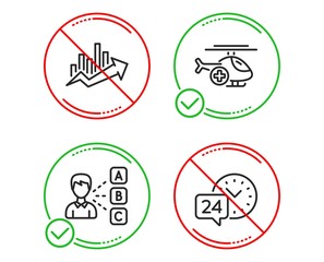 Do or Stop. Medical helicopter, Growth chart and Opinion icons simple set. 24h service sign. Sky transport, Sale diagram, Choose answer. Call support. Business set. Line medical helicopter do icon