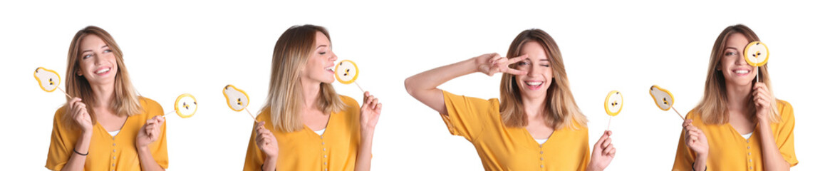 Collage of pretty young woman with candies on white background