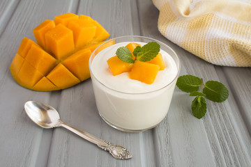 Milk yogurt with mango on the grey wooden background