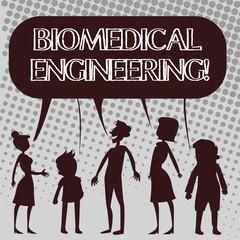 Obraz premium Handwriting text Biomedical Engineering. Conceptual photo advances knowledge biology medicine improves health Silhouette Figure of People Talking and Sharing One Colorful Speech Bubble