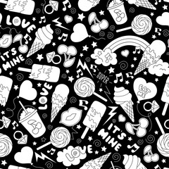 Fototapeta na wymiar Black and white seamless vector pattern on black background. Fashion illustration drawing in modern style for clothes. Drawing for kids clothes and fabrics or packaging.