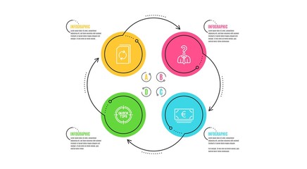 Tips, Hiring employees and Update document icons simple set. Infographic timeline. Euro currency sign. Quick tricks, Human resources, Refresh file. Eur banking. Business set. Cycle infographic. Vector