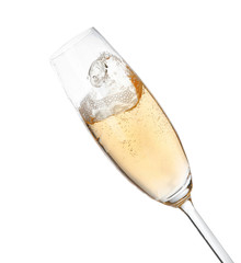 Glass of champagne on white background. Festive drink