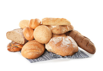 Different kinds of bread on white background