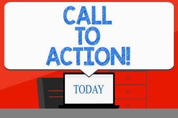 Obraz premium Word writing text Call To Action. Business photo showcasing exhortation do something in order achieve aim with problem Blank Huge Speech Bubble Pointing to White Laptop Screen in Workspace Idea