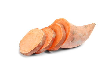 Cut ripe sweet potato on white background