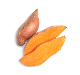 Fresh ripe sweet potatoes on white background, top view