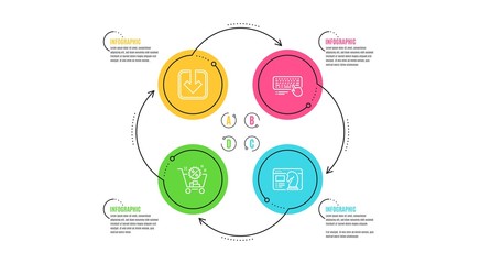 Shopping cart, Computer keyboard and Load document icons simple set. Infographic timeline. Seo strategy sign. Discount, Pc device, Download arrowhead. Chess knight. Business set. Vector