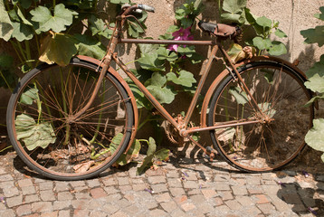 Fototapeta na wymiar an old abandoned rusty bicycle leaning against a wall