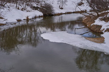 The river in the spring. Melting ice