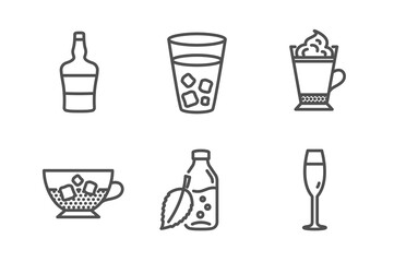 Ice tea, Water bottle and Scotch bottle icons simple set. Cold coffee, Latte coffee and Champagne glass signs. Soda beverage, Mint leaf drink. Food and drink set. Line ice tea icon. Editable stroke