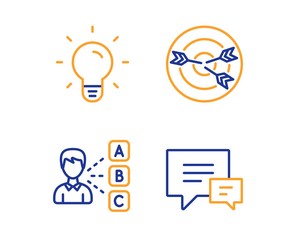 Light bulb, Targeting and Opinion icons simple set. Comment sign. Lamp energy, Target with arrows, Choose answer. Talk bubbles. Education set. Linear light bulb icon. Colorful design set. Vector