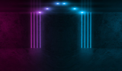 Background of empty stage, room with neon light. Neon rays and lines