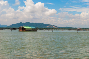Fishermen hut and nets at Songkhla lake