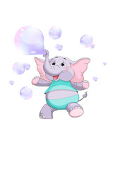 The happy elephant starts up soap bubbles. Cheerful animated elephant calf