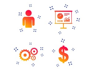 Business icons. Human silhouette and presentation board with charts signs. Dollar currency and gear symbols. Random dynamic shapes. Gradient chart icon. Vector