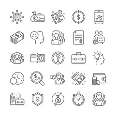 Business user line icons. Teamwork, Group and Profile icons. Portfolio, Timer and Security shield symbols. Business analytic, human management, user group. Person profile, teamwork support. Vector