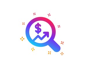 Business Audit or Statistics icon. Analytics with charts symbol. Search Magnifier sign. Dynamic shapes. Gradient design currency audit icon. Classic style. Vector